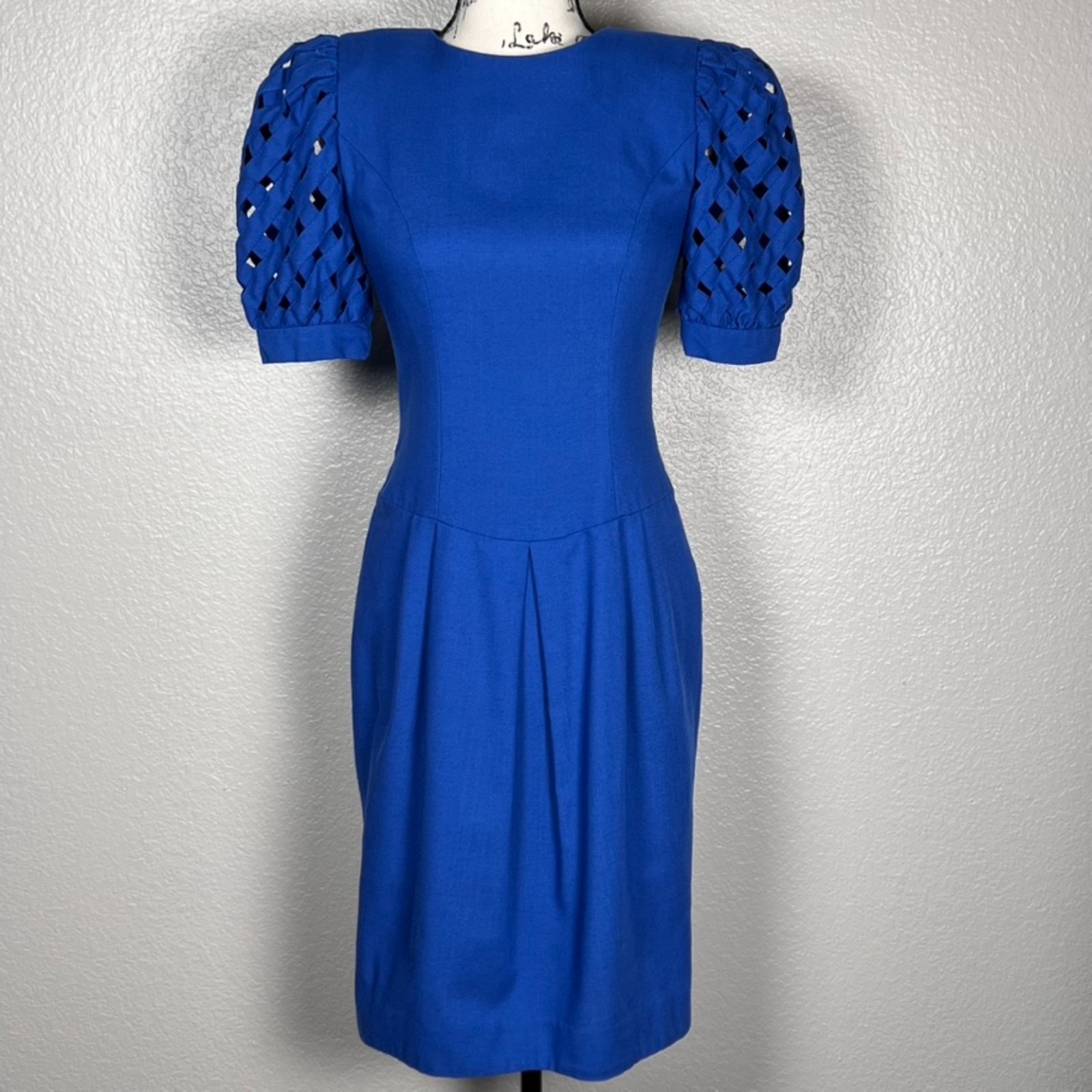 Vtg Warren Petites Sz 2p Ilgwu-Usa Royal Blue Lattice Sleeve Dress 1980s
